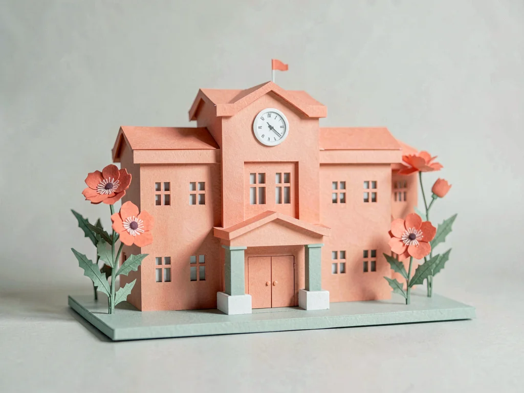 Papercraft hero of a layered paper-cut civic-hall facade with paper-cut hollyhoc