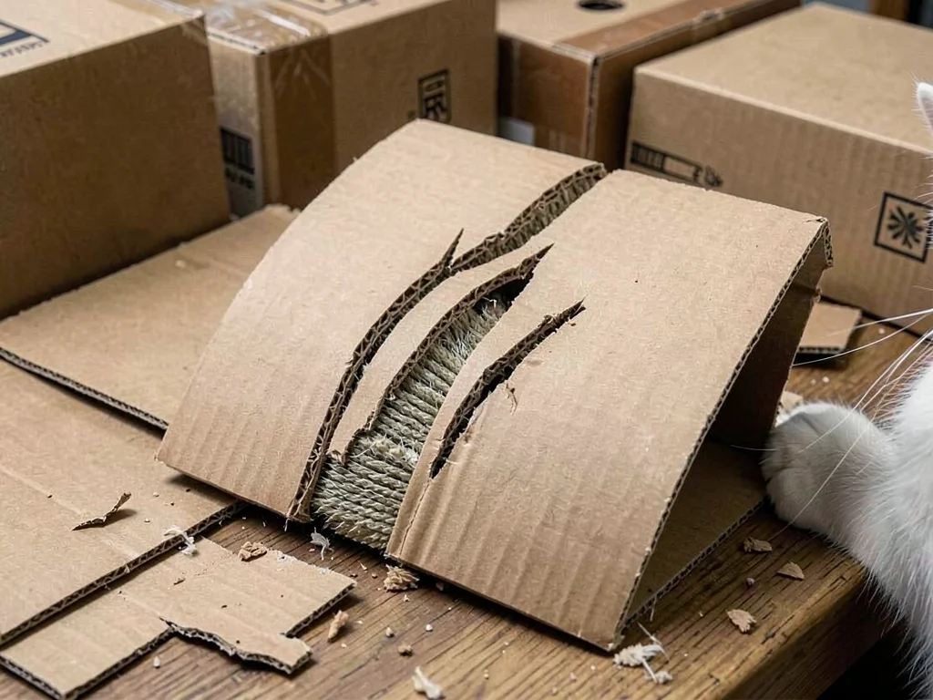 Cardboard cat scratcher with claw marks, feline destruction of packaging