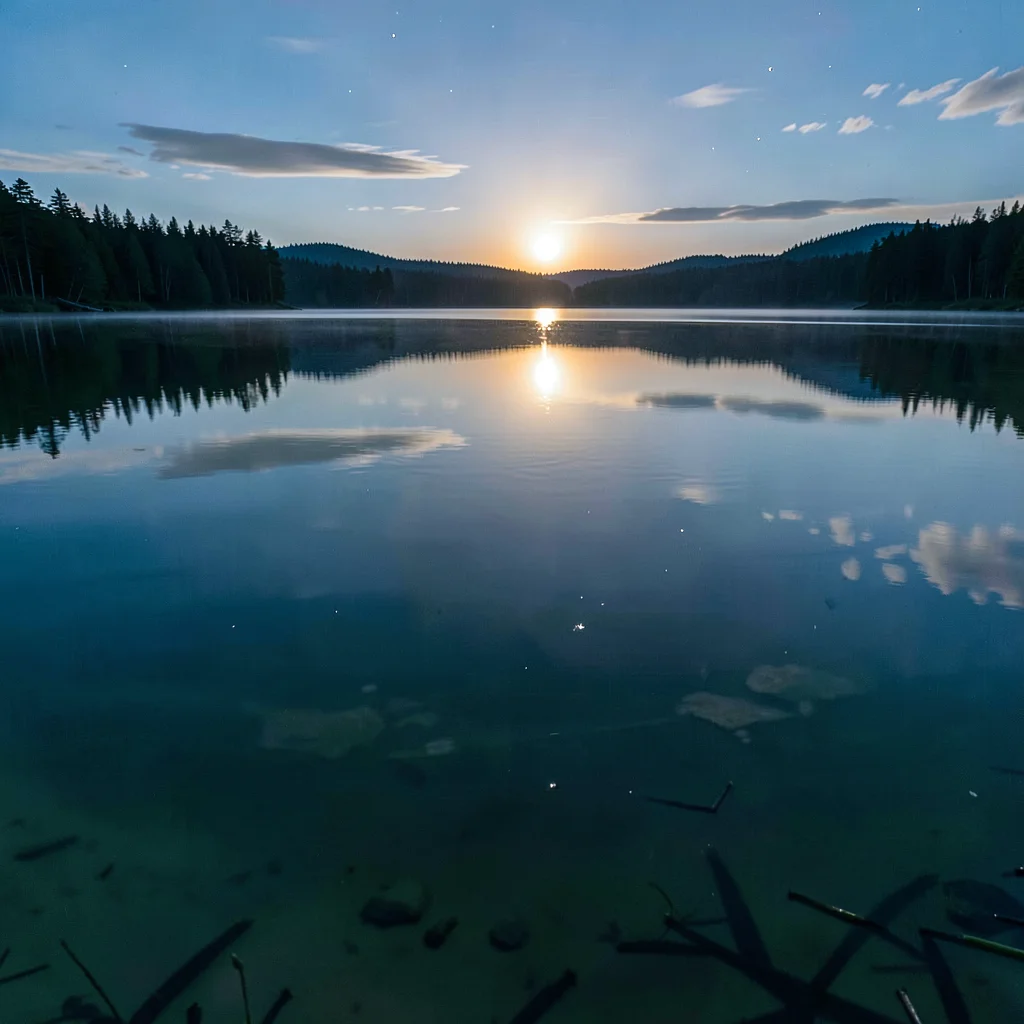 Finnish lake mirror, dead-calm reflection, Midnight sun reflecting in lake, doub