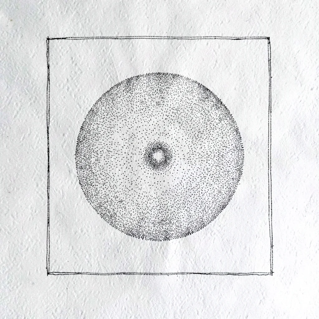 Venue-map detail of a single mat with stippled center circle and fine ink bounda