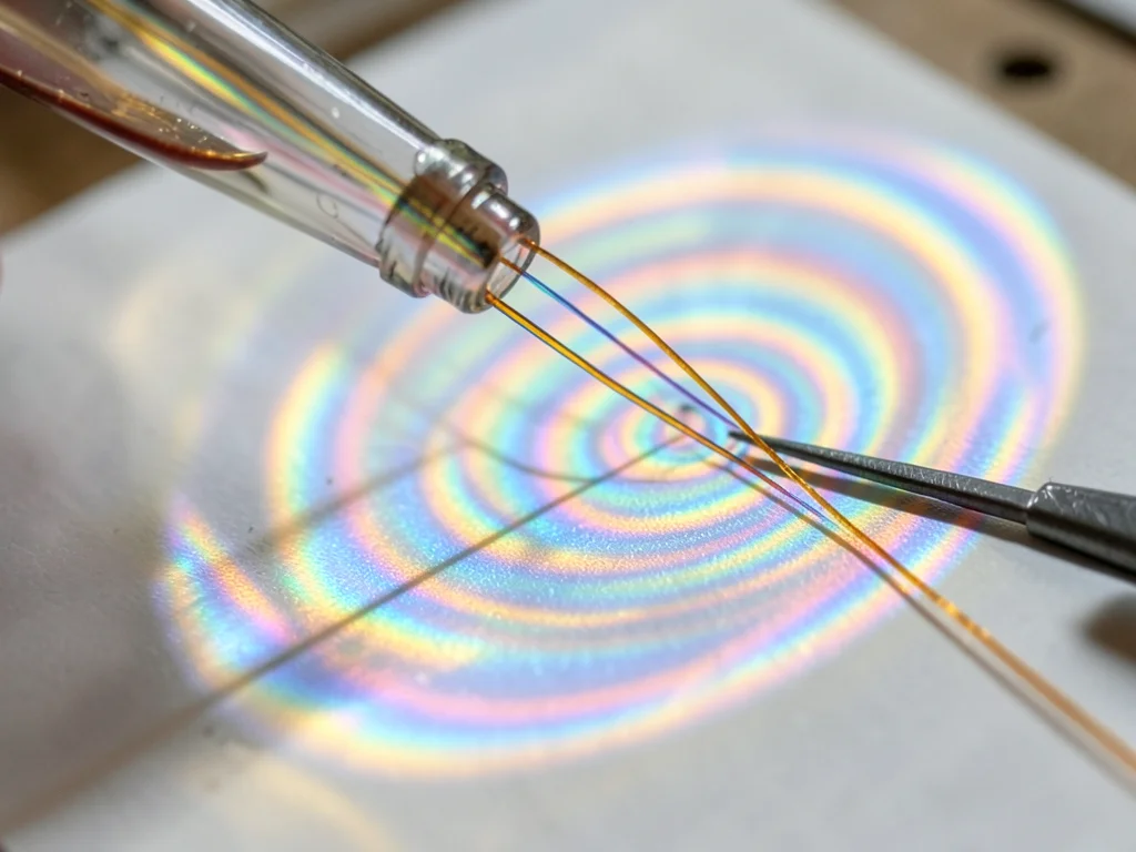 Glass being pulled into thin filament, amber strand stretching between tools