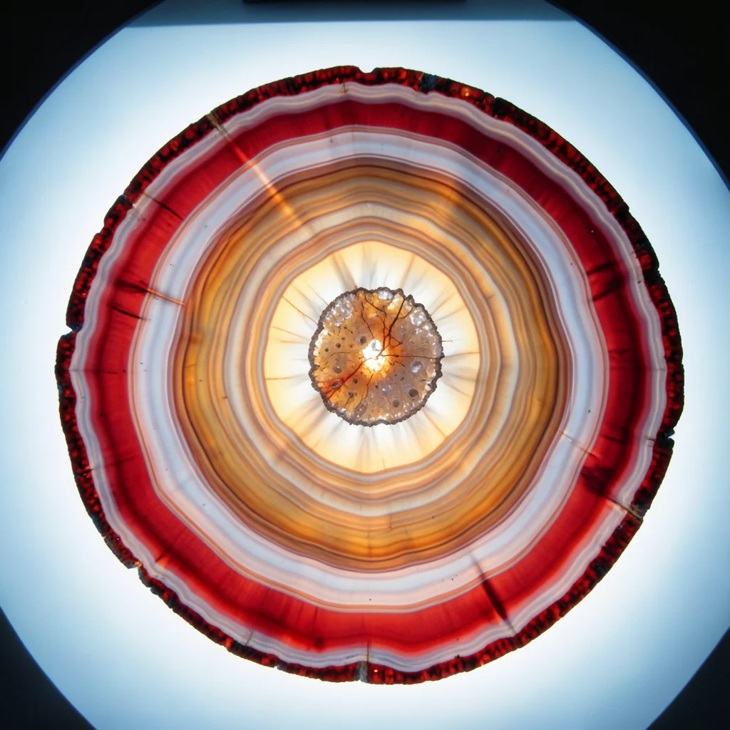 Agate slice with banding in Christmas red and white, candy cane geology