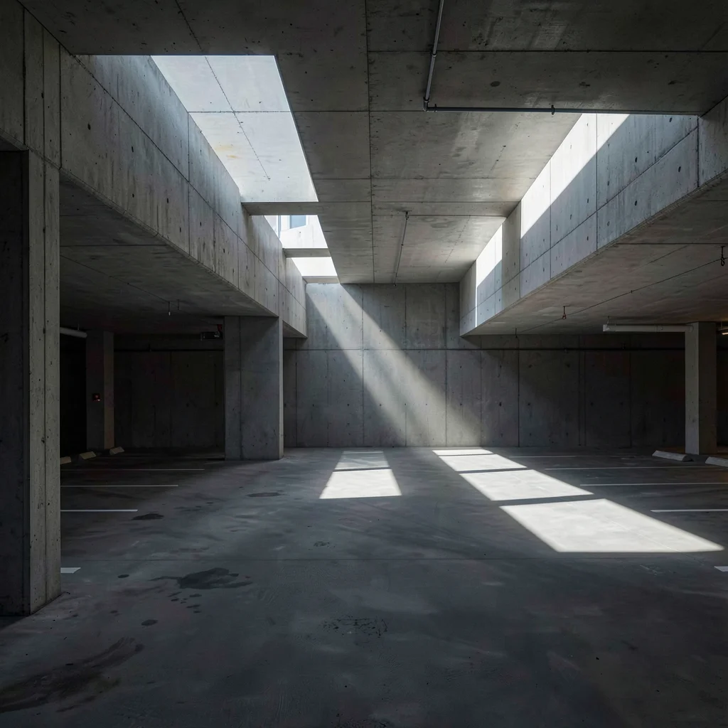Ventilation gaps in concrete letting in dramatic light shafts