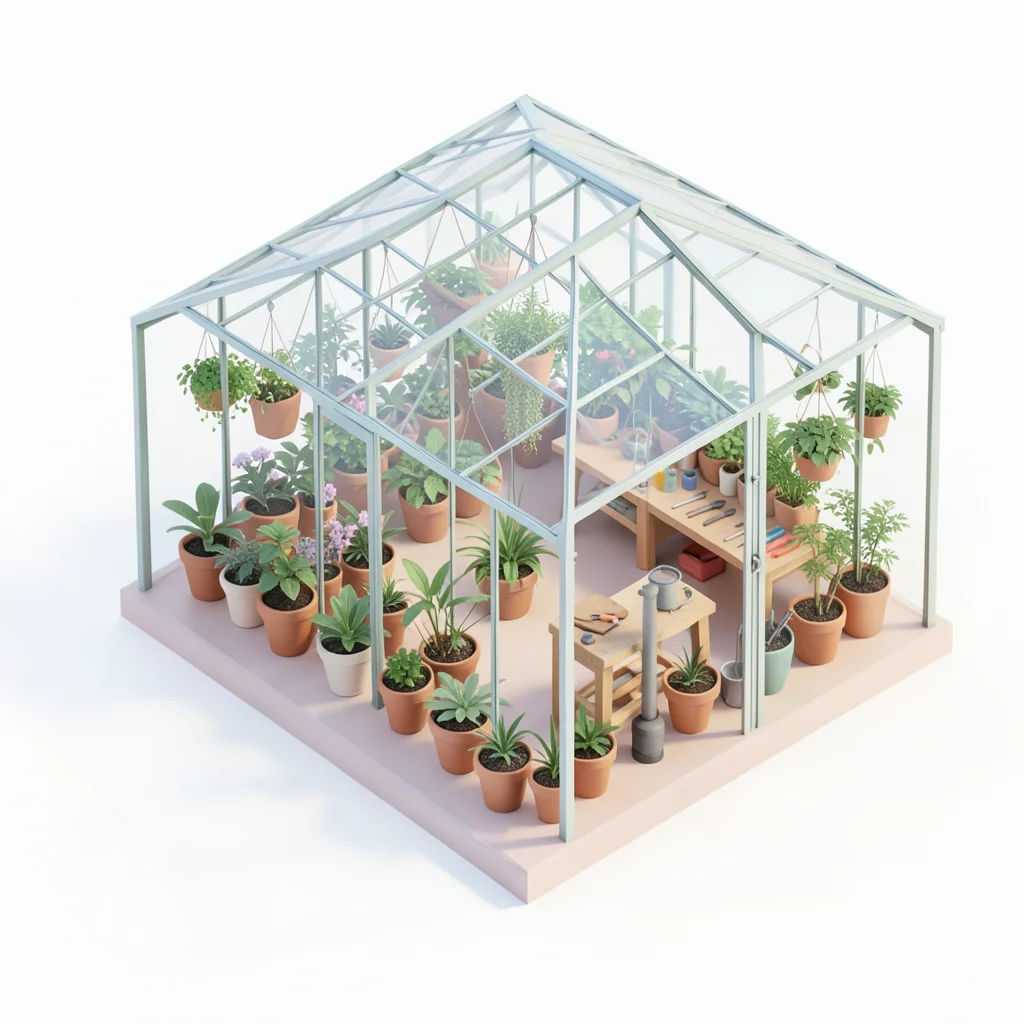 A greenhouse: glass walls and roof, rows of potted plants, a workbench with tool