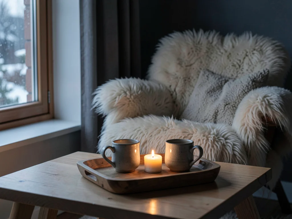 Wooden Tray with Two Cups and Candle