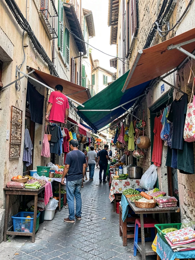 Market stalls layered in narrow alley