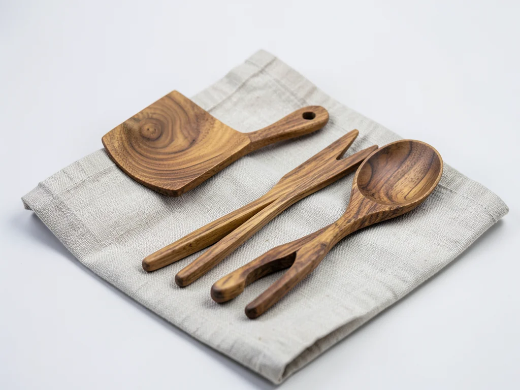 A set of wooden cooking utensils: spatula, spoon, tongs, arranged on a linen clo