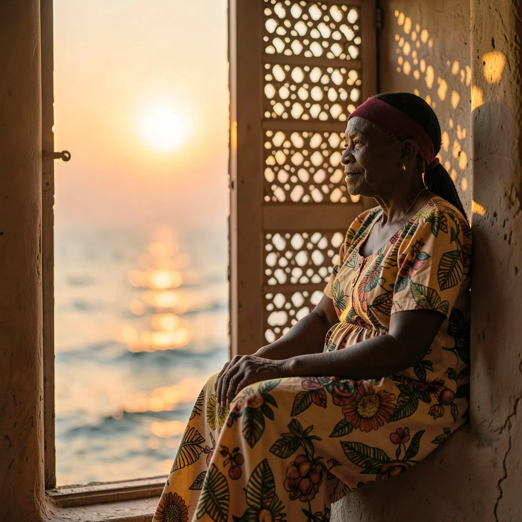 Peachy golden Dakar sunset light through sea haze, Grandmother in Thioup dress s