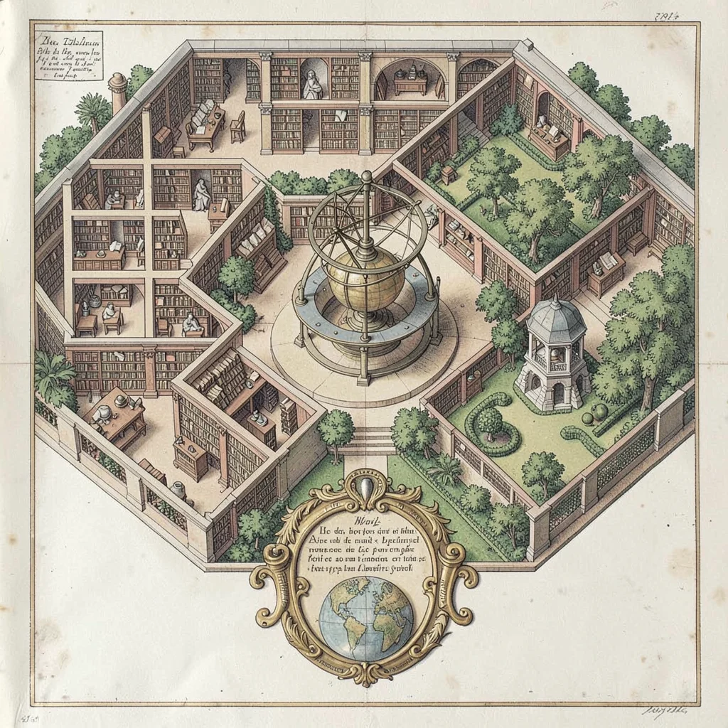 A Renaissance scholar-library plan with reading rooms, manuscript stacks, a glob