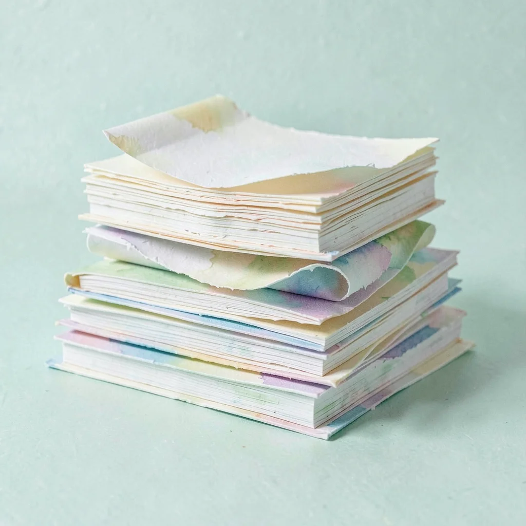 Papercraft pile of stacked cut-paper books with curling pages, calm mint backdro