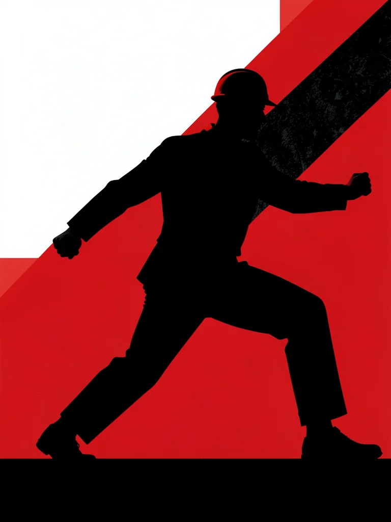 Factory worker silhouette in a powerful diagonal lunging pose, red and black