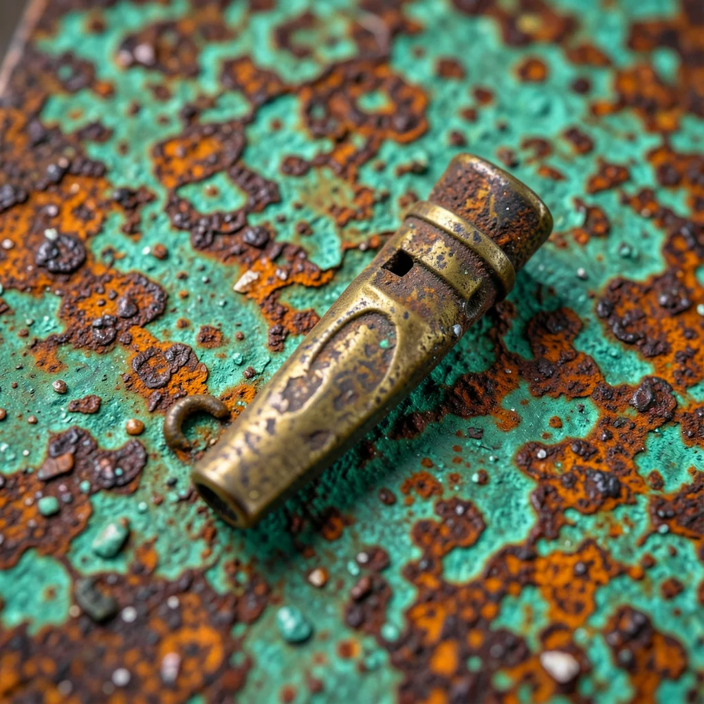 Weathered brass turkey call with hunting patina, autumn detail