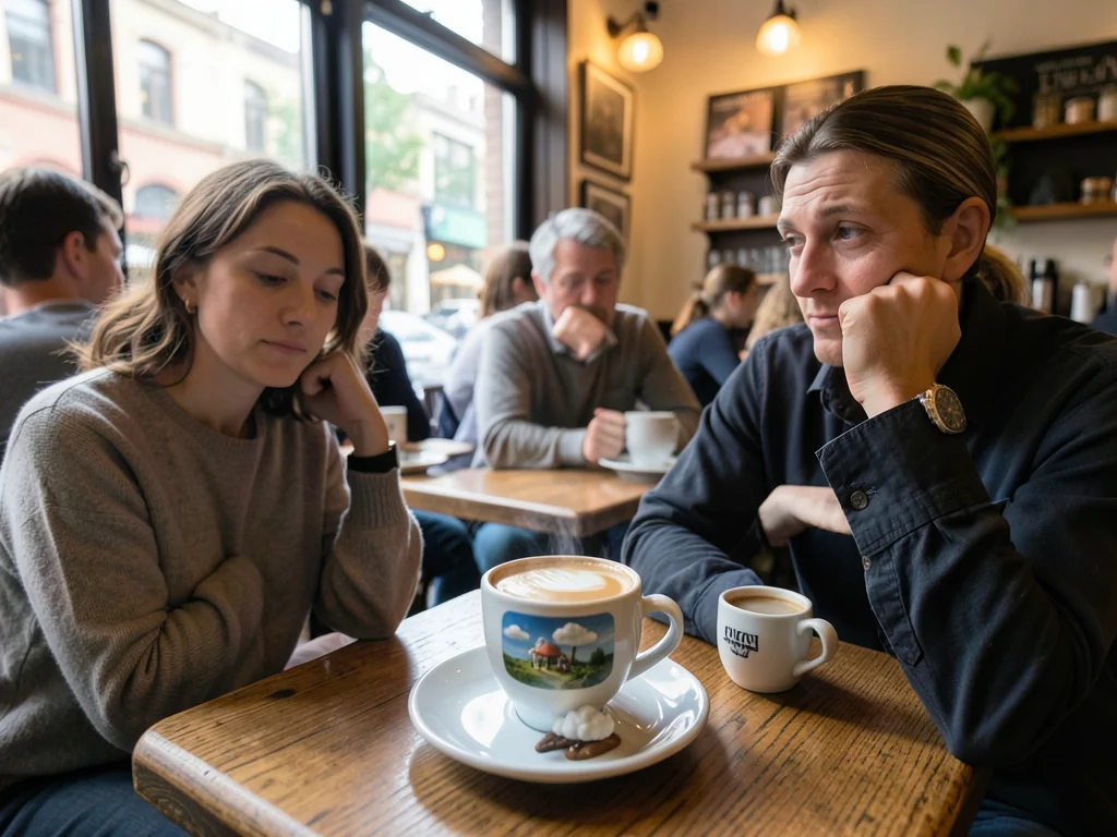 Cafe scene but coffee cups contain miniature weather systems, patrons unbothered