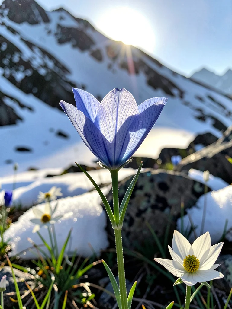 Backlit gentian against snow slope