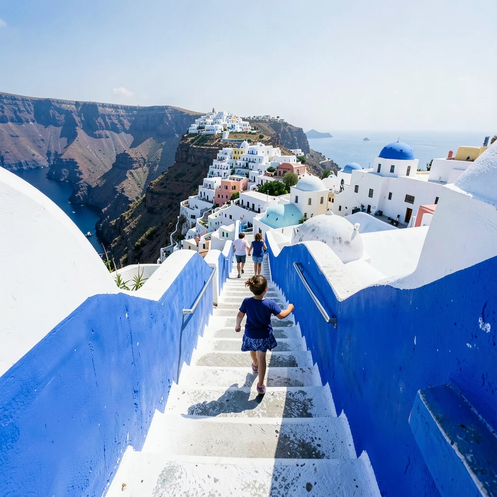 Sidi Bou Said cobalt-white, cliff-top absolute palette, Children running up whit