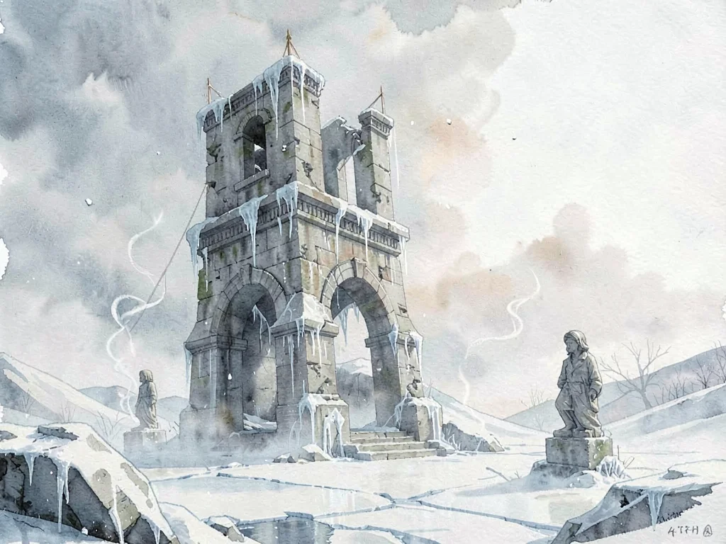 Cold-edged environment of an abandoned watchtower on a frozen plateau, ice rimmi
