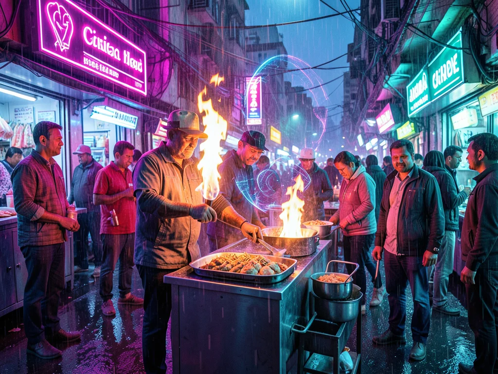 Street food vendor cooking with plasma burners, holographic flame, customers wai