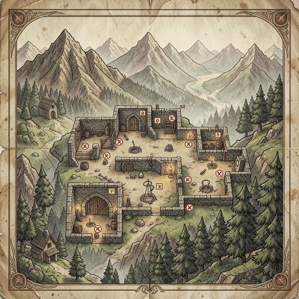 Fantasy map illustration, a dungeon level map showing rooms, corridors, traps ma