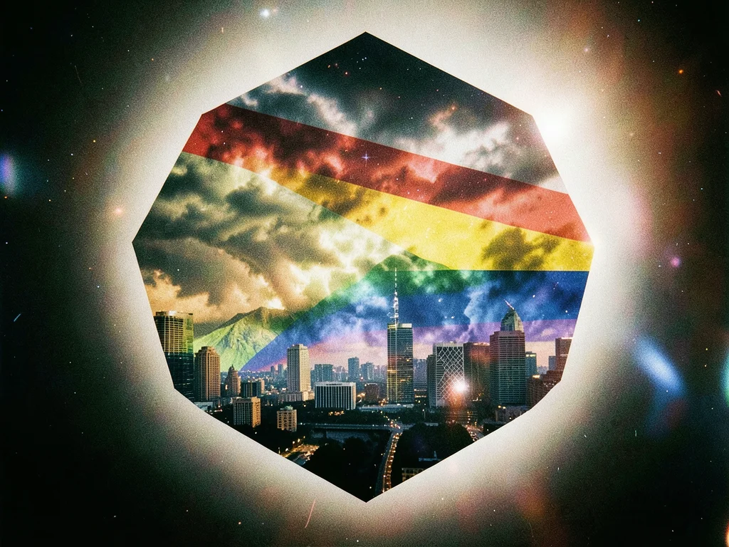 Pride flag merged with city skyline, double exposure, hexagonal frame