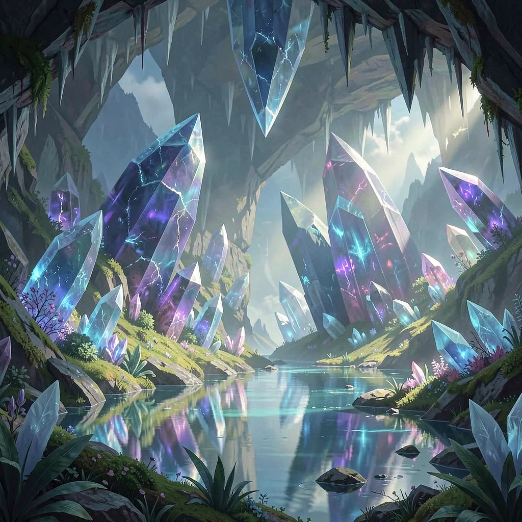 Fantasy environment illustration, a crystal cavern with massive geodes, undergro