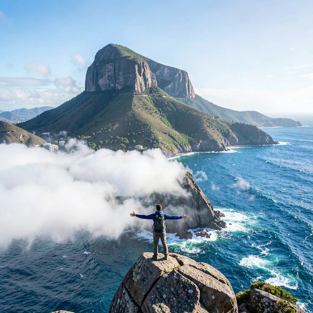 Cape Town mountain-sea duality, Table Mountain backdrop, hiker standing on bould