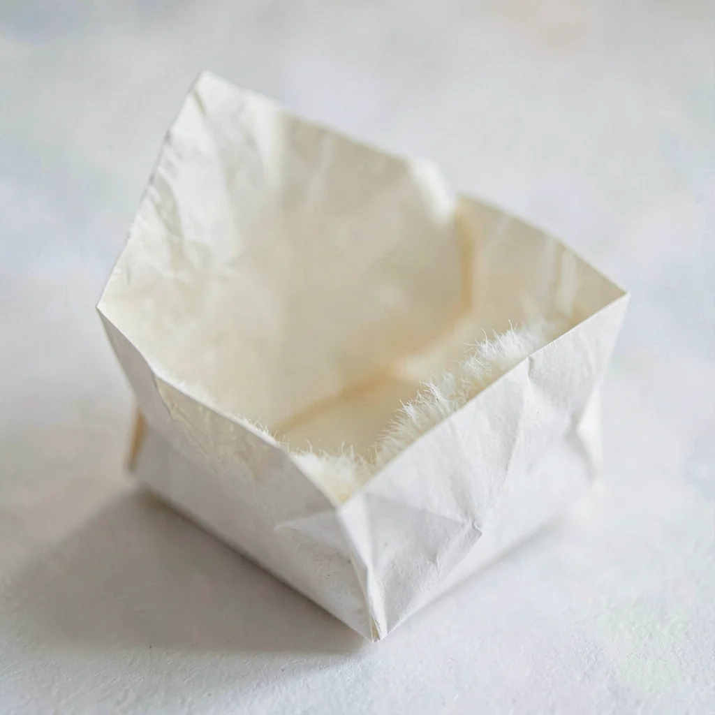 Macro of a paper crinkle wrapper opening to reveal soft cream interior, museum-s