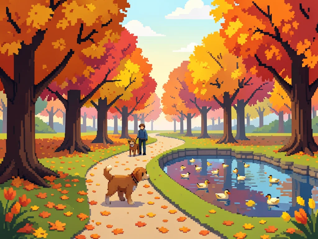 A pixel art autumn park: trees in fall colors, a path with fallen leaves, a dog 