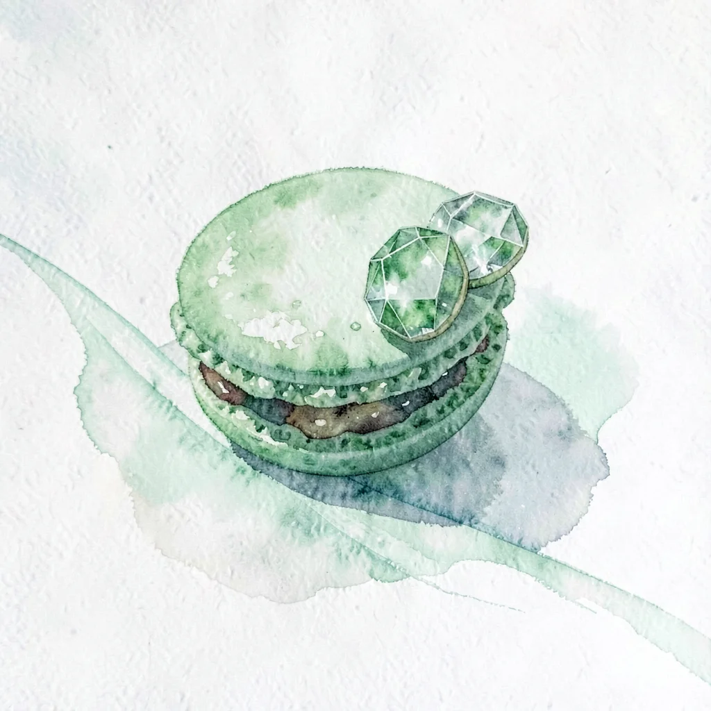 Petite peridot lowpoly green-tea macaron with two faceted shells and a crystalli