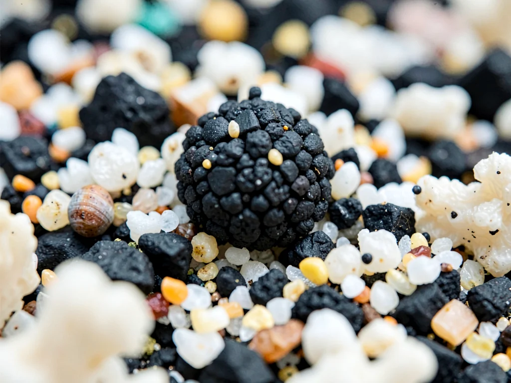 Black basalt sand grain among coral white