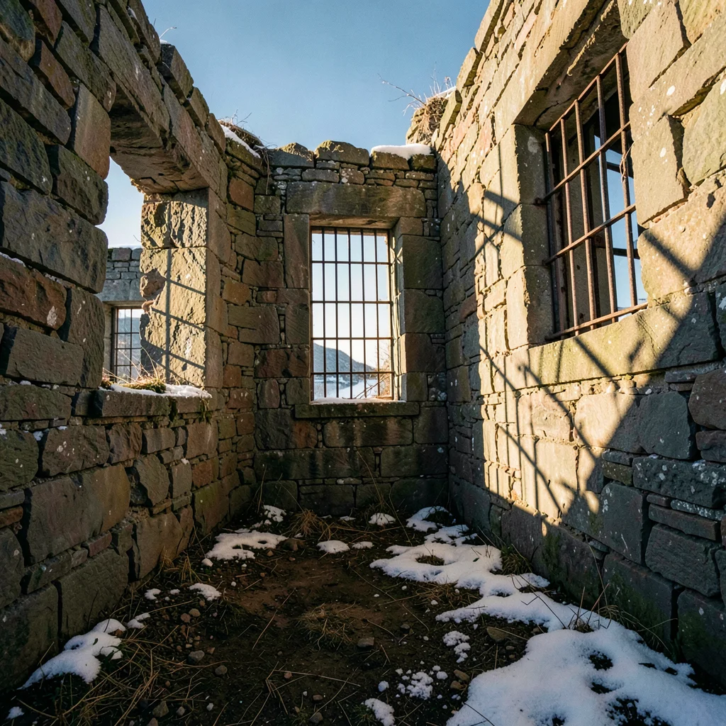 Tasmanian angular sub-Antarctic light, extreme raking shadows, Abandoned convict