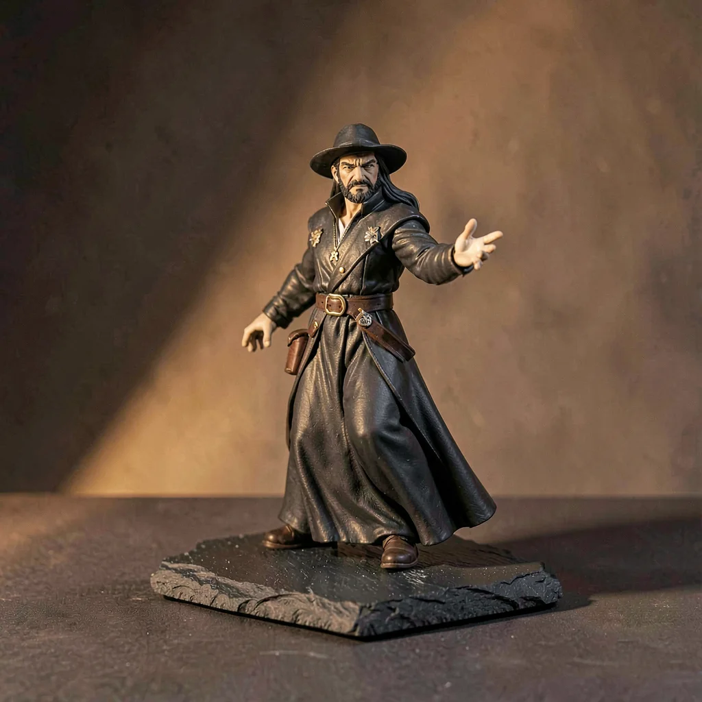 Single fantasy mage figurine on a slate base, deep warm shadow stretching behind