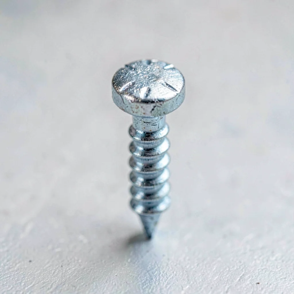 Macro of a galvanized joist hanger nail with hammer-marked head still bright
