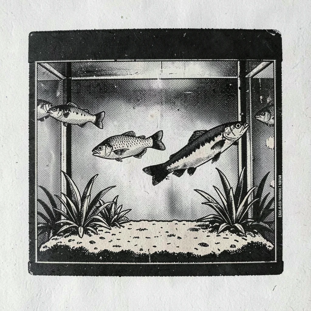 Risograph-style illustration, fish in aquarium , spot color layer simulation, sl