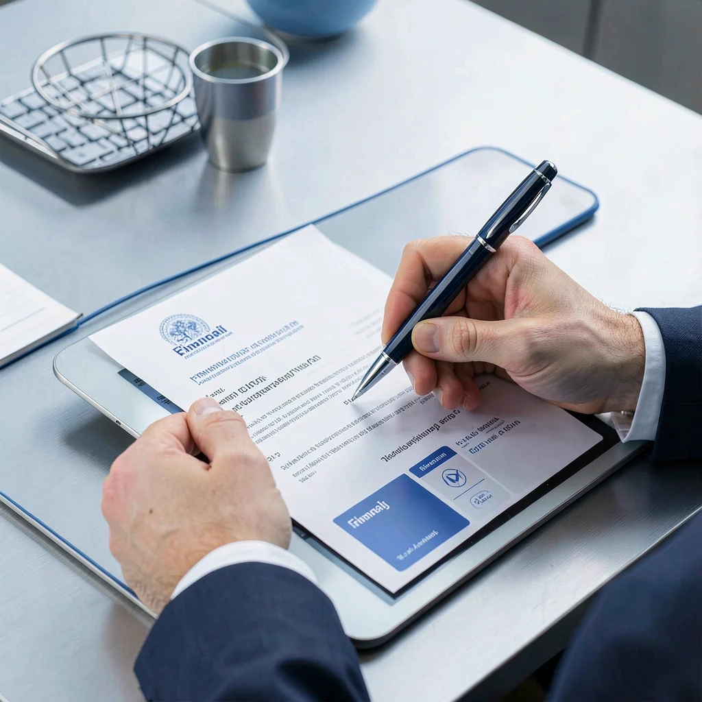 Editorial photograph, Financial documents being signed electronically on tablet 