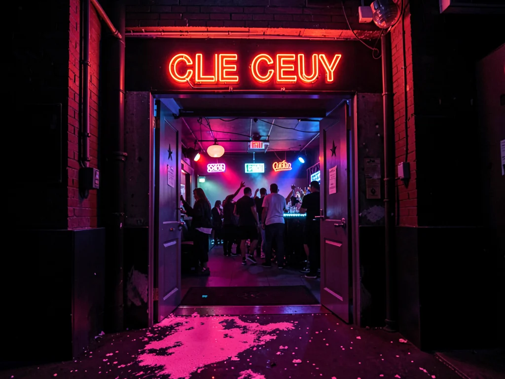 Club entrance with neon spill