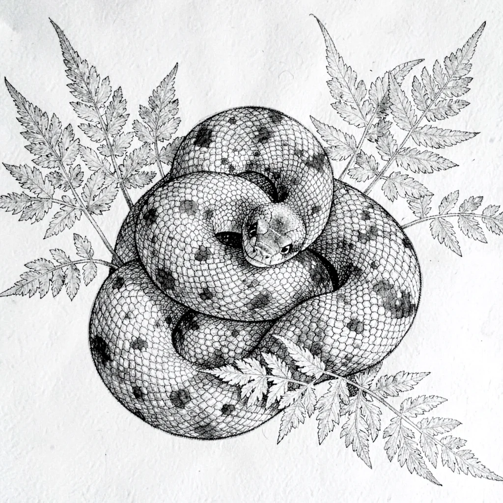 Pen-and-ink study of a coiled snake winding through fern fronds, dense crosshatc
