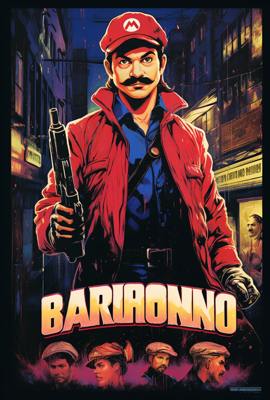 Tarantino movie poster of Super Mario Bros. Neon-lit