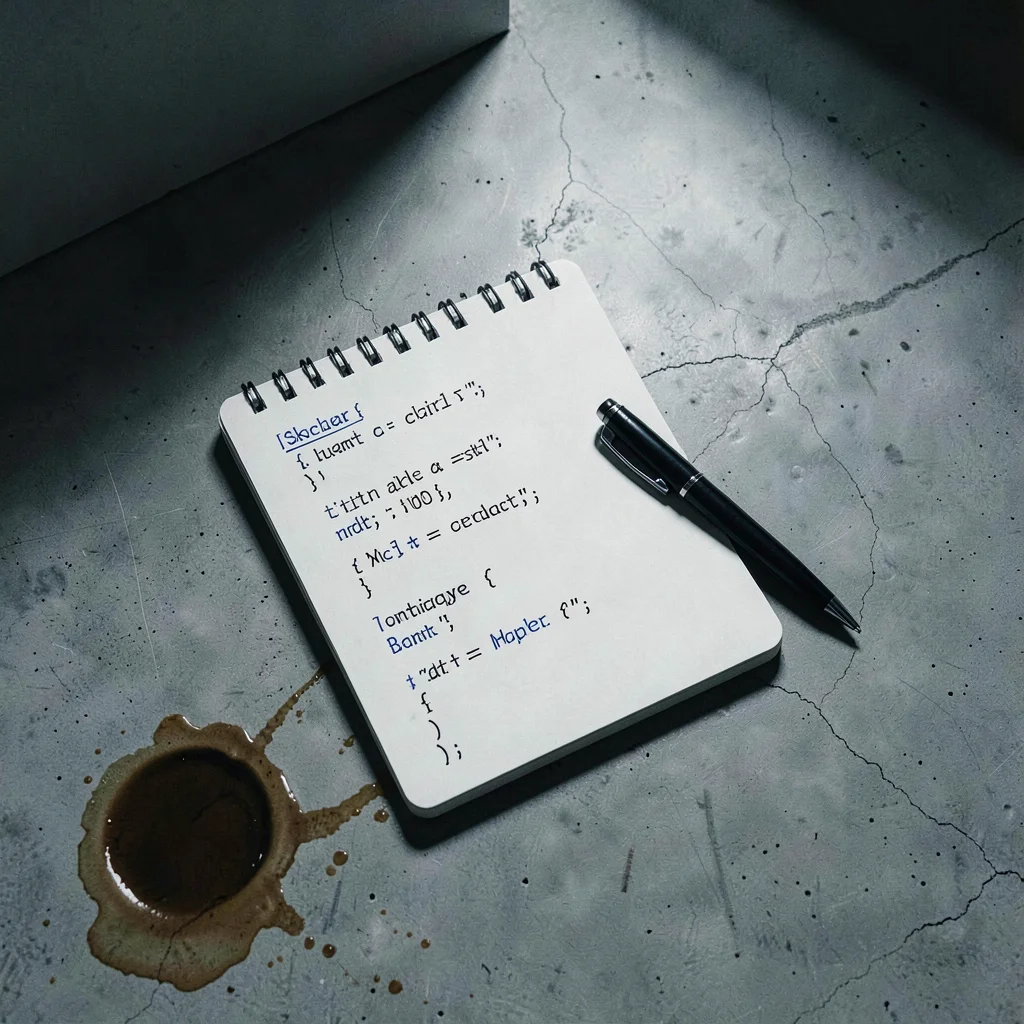 Stark Baltic minimalism, contemplative mood, Notebook and pen on concrete surfac
