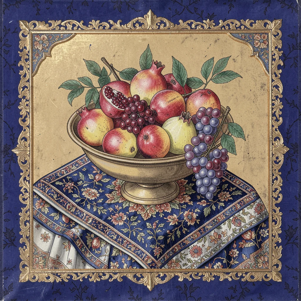 Fruit bowl heaped with pomegranates, quinces, and grapes on a patterned cloth