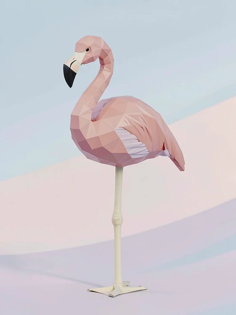 One-legged dusty-pink lowpoly flamingo standing on a cream stick leg with a face