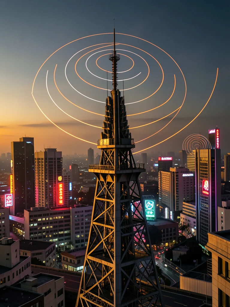 Art deco radio tower broadcasting visible signal waves over neon cityscape
