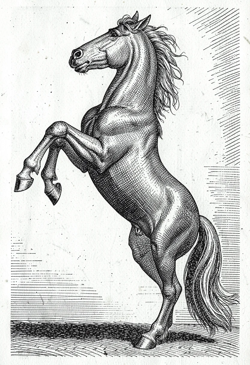 Rearing horse cross-hatched