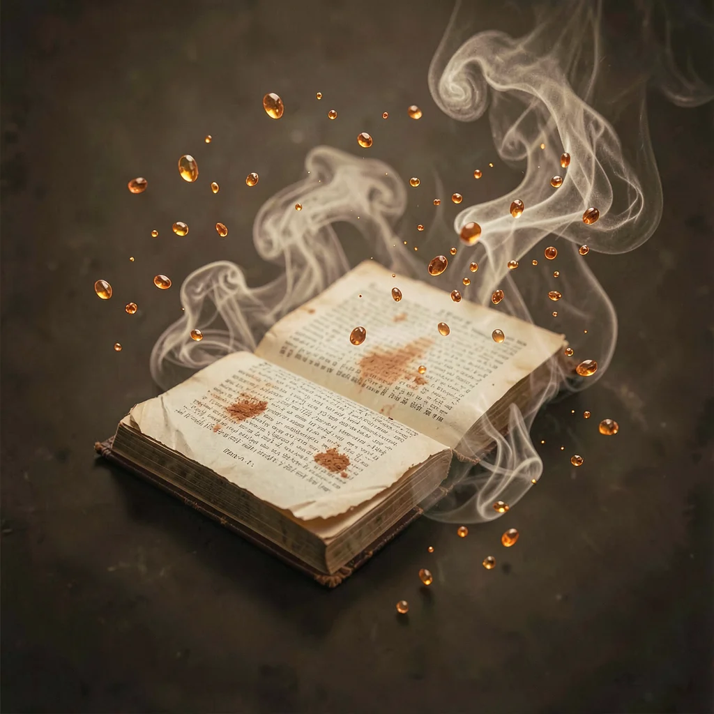 Old book scent shown as soft sepia fog with floating amber particles