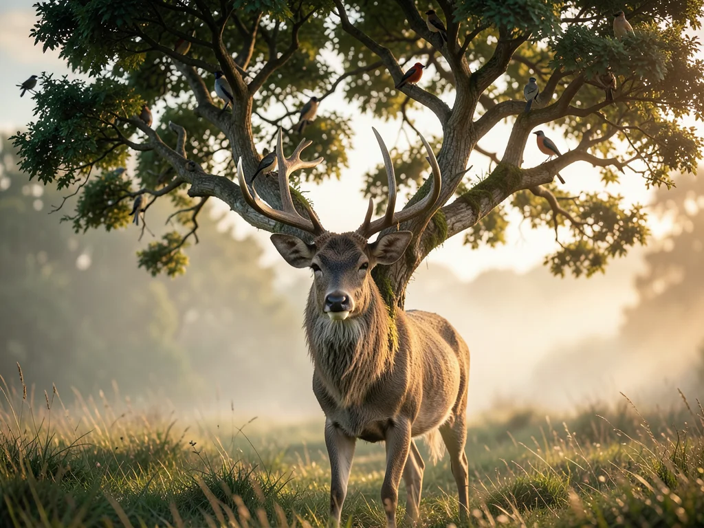 Deer with antlers that branch into living trees, birds nesting in the canopy, mi