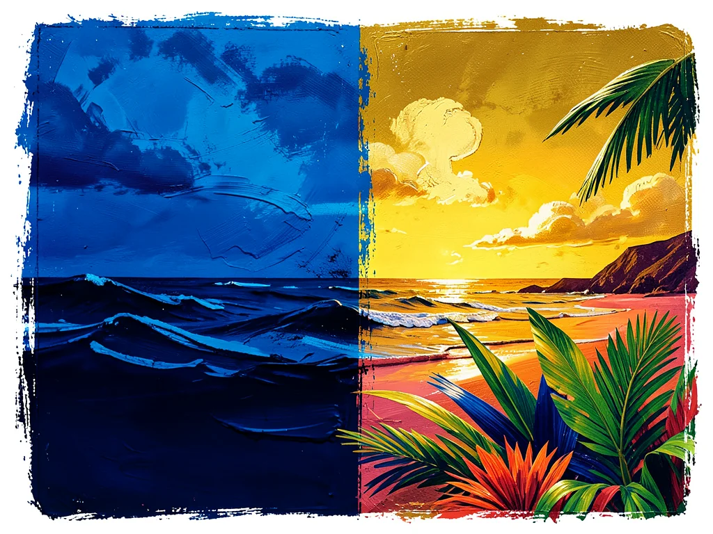 Split composition: half deep ocean blue, half sunset gold, rough brushstroke bor