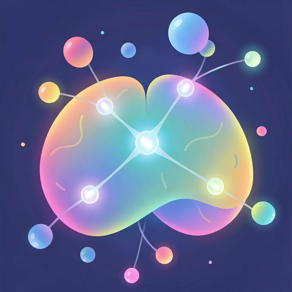 Organic blob gradient illustration, brain with glowing neural connection orbs , 