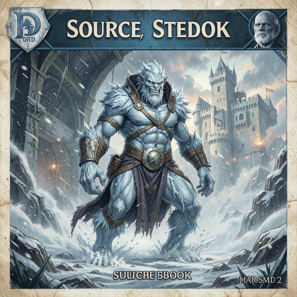 RPG sourcebook illustration, a frost giant walking through blizzard, crude fortr