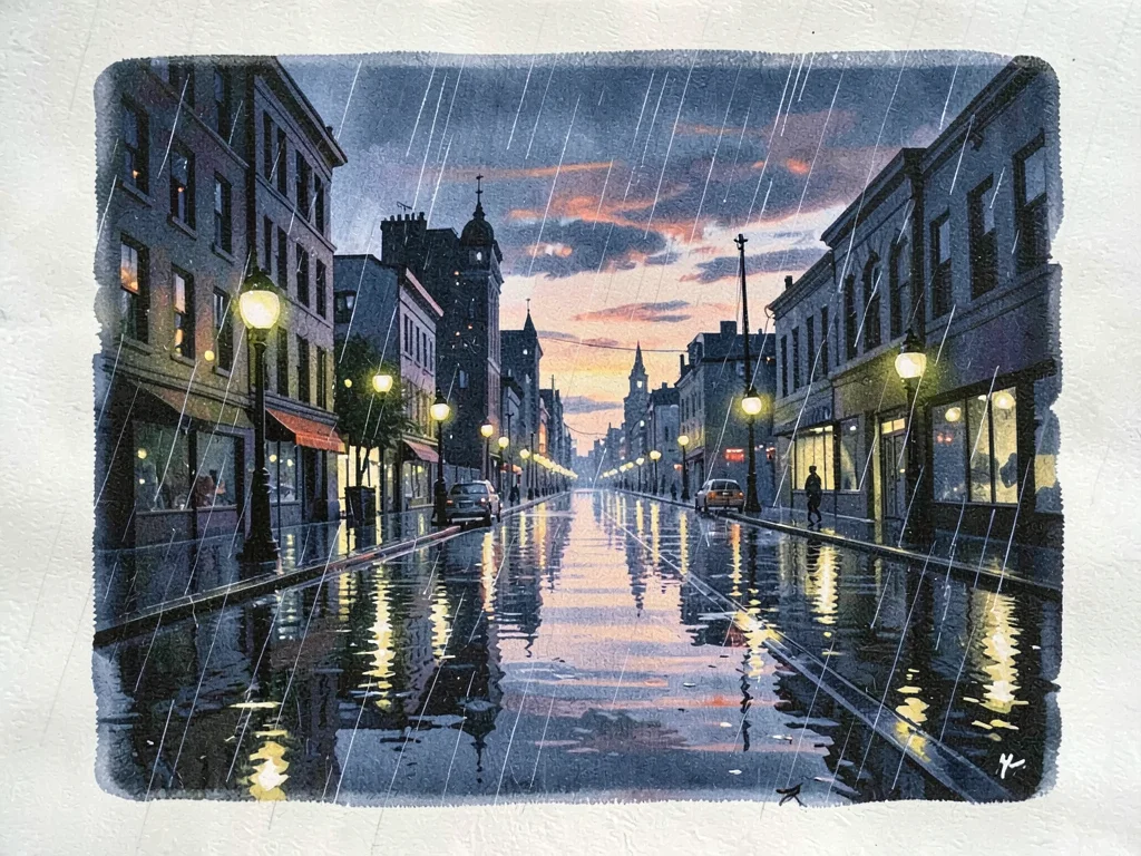Rainy cityscape at dusk