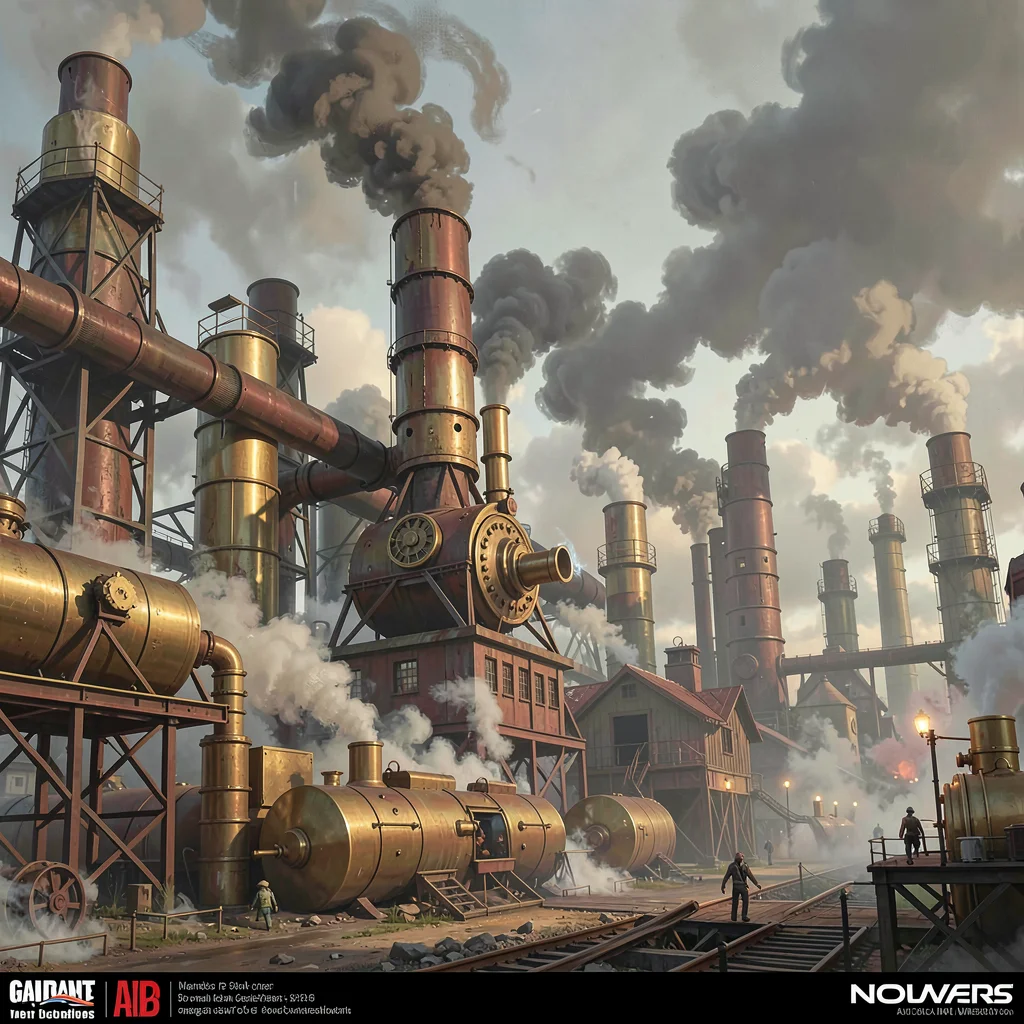 Video game concept art illustration, a steam-powered industrial city, smog and b