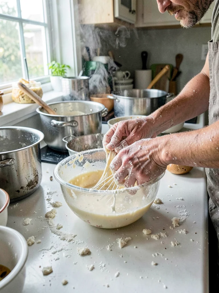 Flour-covered hands working dough close-up